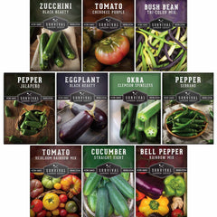 Collection of vegetable seed packets with images and names on a white background