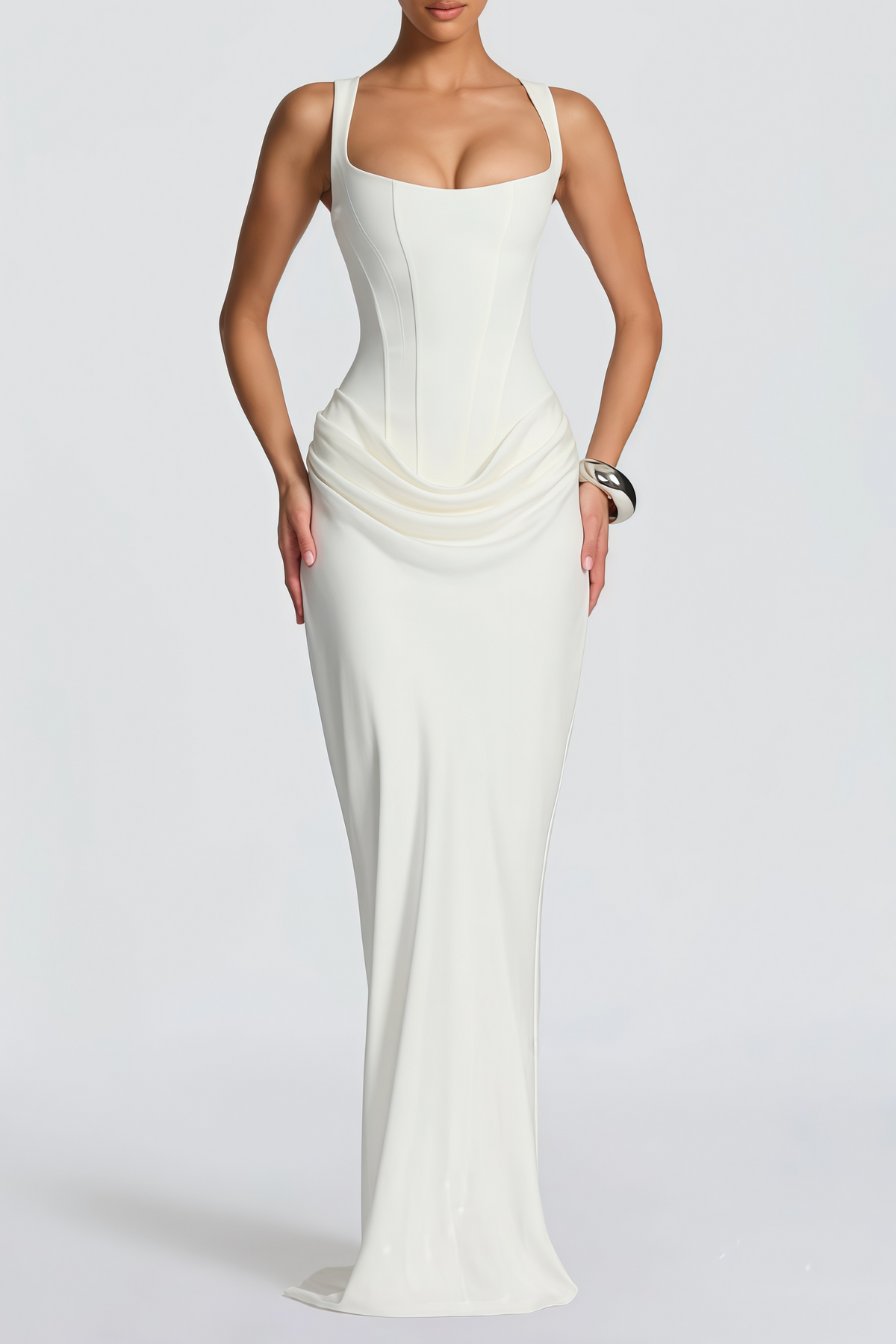 Paulette White Ruched Corset Maxi Dress (Final Sale-US Only)