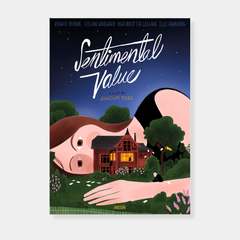 An illustrated movie poster for "Sentimental Value," a film by Joachim Trier, depicts a giant woman lying in a lush, starry landscape behind a small, glowing red house where a tiny figure sits on the lawn.