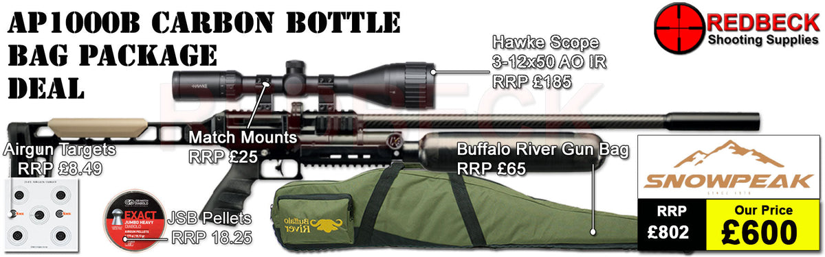 Snowpeak AP100B Carbon Bottle Bag Package Deal Showing the included 3-12x50 Hawke Fastmount scope, the buffalo river bag and the included tin of pellets.