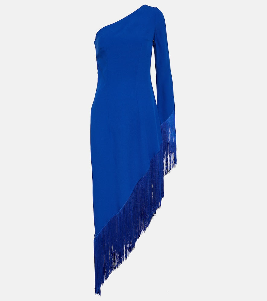 Taller Marmo Aventador fringed one-shoulder midi dress. 更显高挑的 Marmo Aventador 流苏单肩中长连衣裙