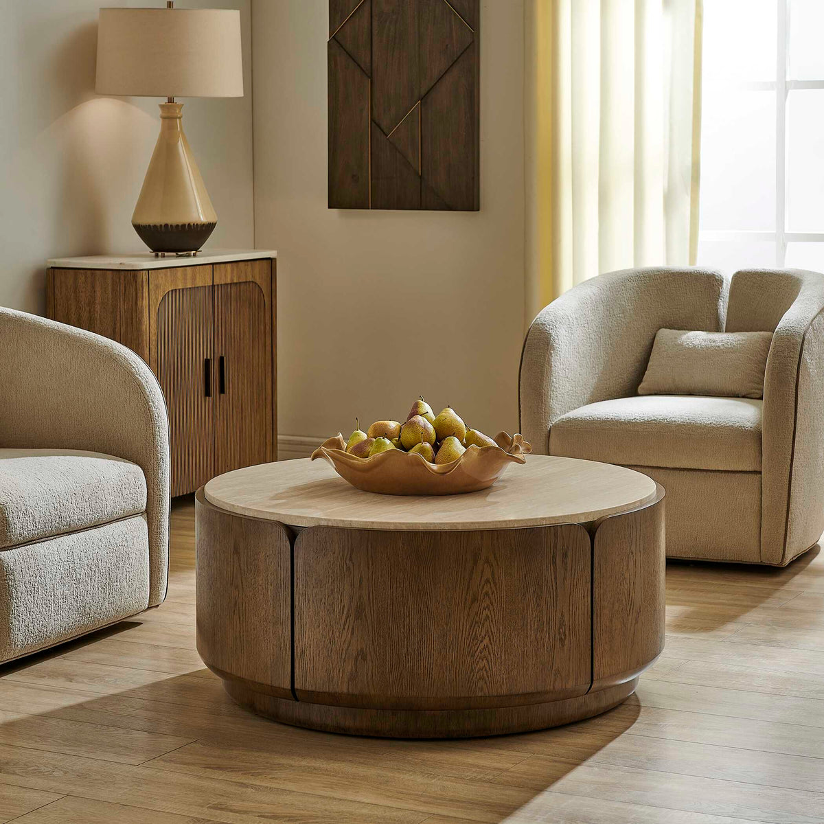Tindall Brown/White/Woodtone Round Travertine Coffee Table - Ornate Home