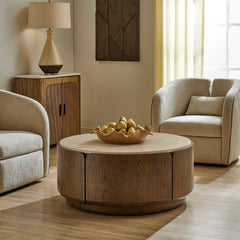 Tindall Brown/White/Woodtone Round Travertine Coffee Table - Ornate Home