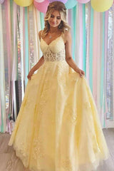 Yellow Tulle A-line V-neck Lace Appliques Prom Dresses, Long Formal Dress, MP740 | lace prom dresses | tulle prom dresses | yellow prom dresses | musebridals.com