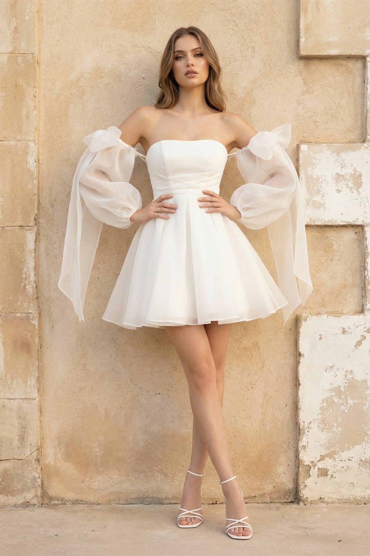 Ronnie | A - Line Puff Long Sleeves Short Wedding Dresses With Bows  – Wedding Dresses by KissProm | Available at KissProm