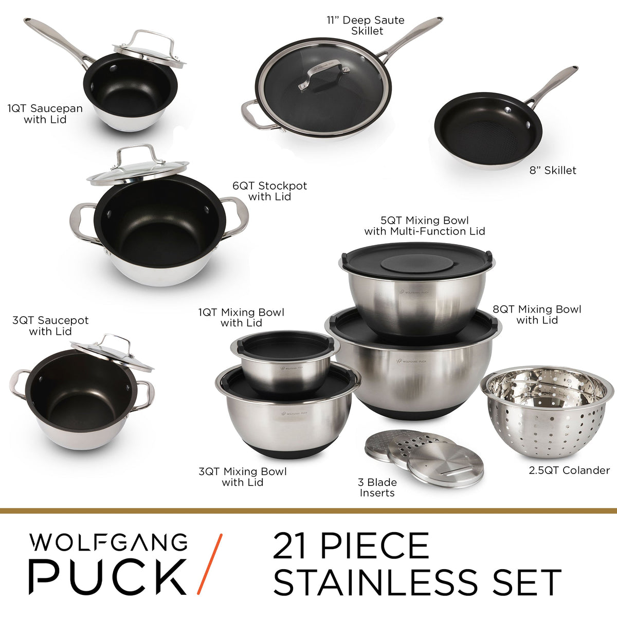 Wolfgang Puck 21-Piece Stainless Steel Cookware and Mixing Bowls Set