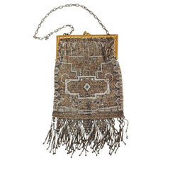Edwardian Evening Bag Silver Gold Beading Fringe Dressy Purse