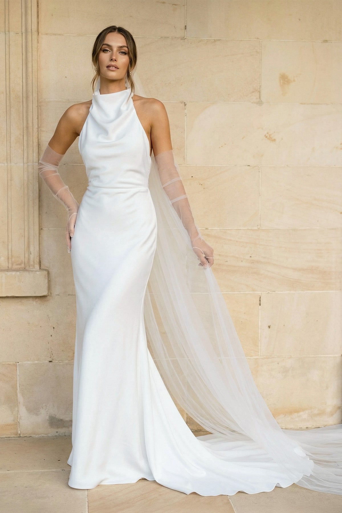 Hessie | Elegant Mermaid White Halter Satin Wedding Dresses