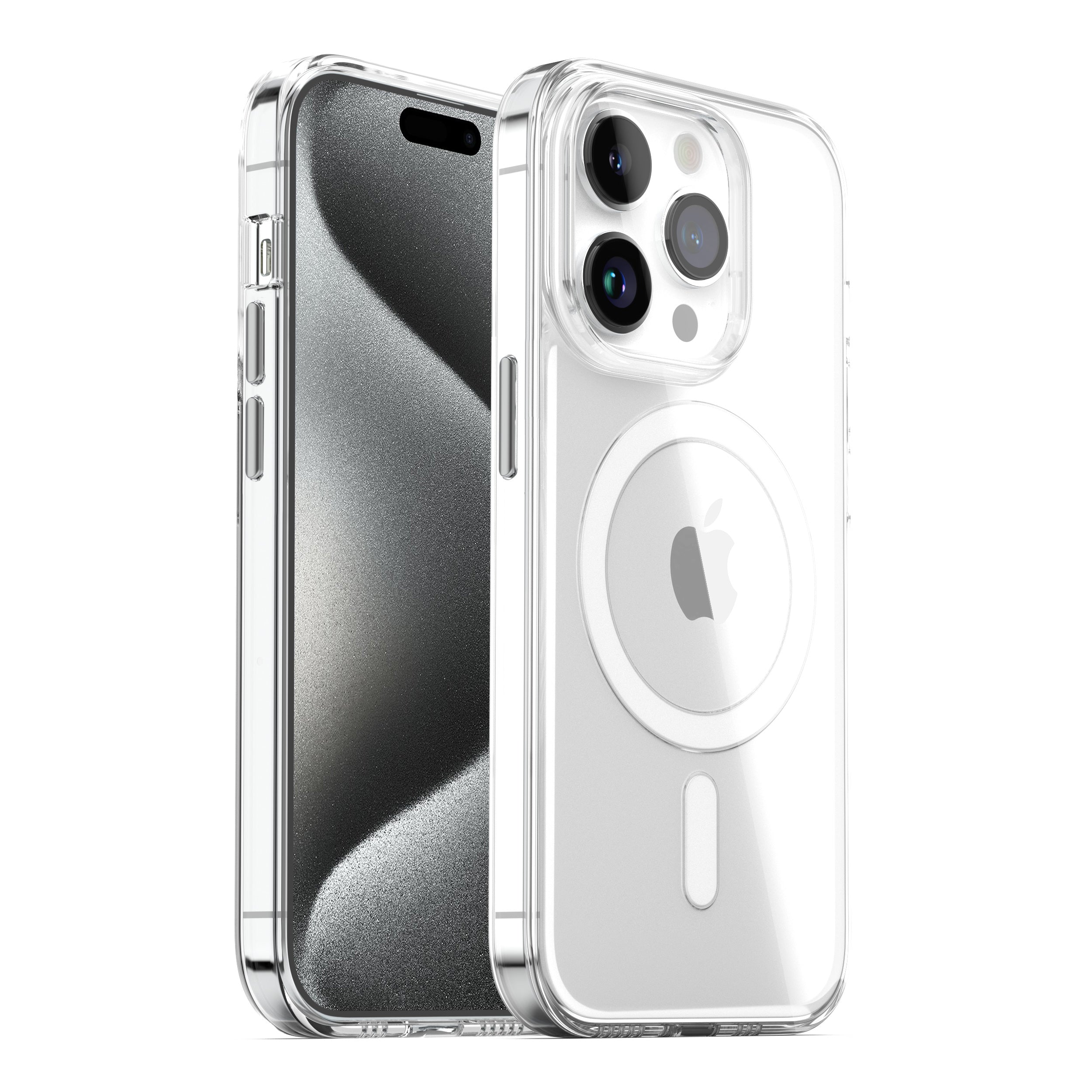 Das MR PROTECT iPhone 15 Pro Max CLEAR Case mit MagSafe von MR PROTECT zeigt das Apple-Logo und den MagSafe-Ring durch seine transparente Rückseite und hebt drei Rückkameras sowie zwei Aussparungen auf der Vorderseite hervor.