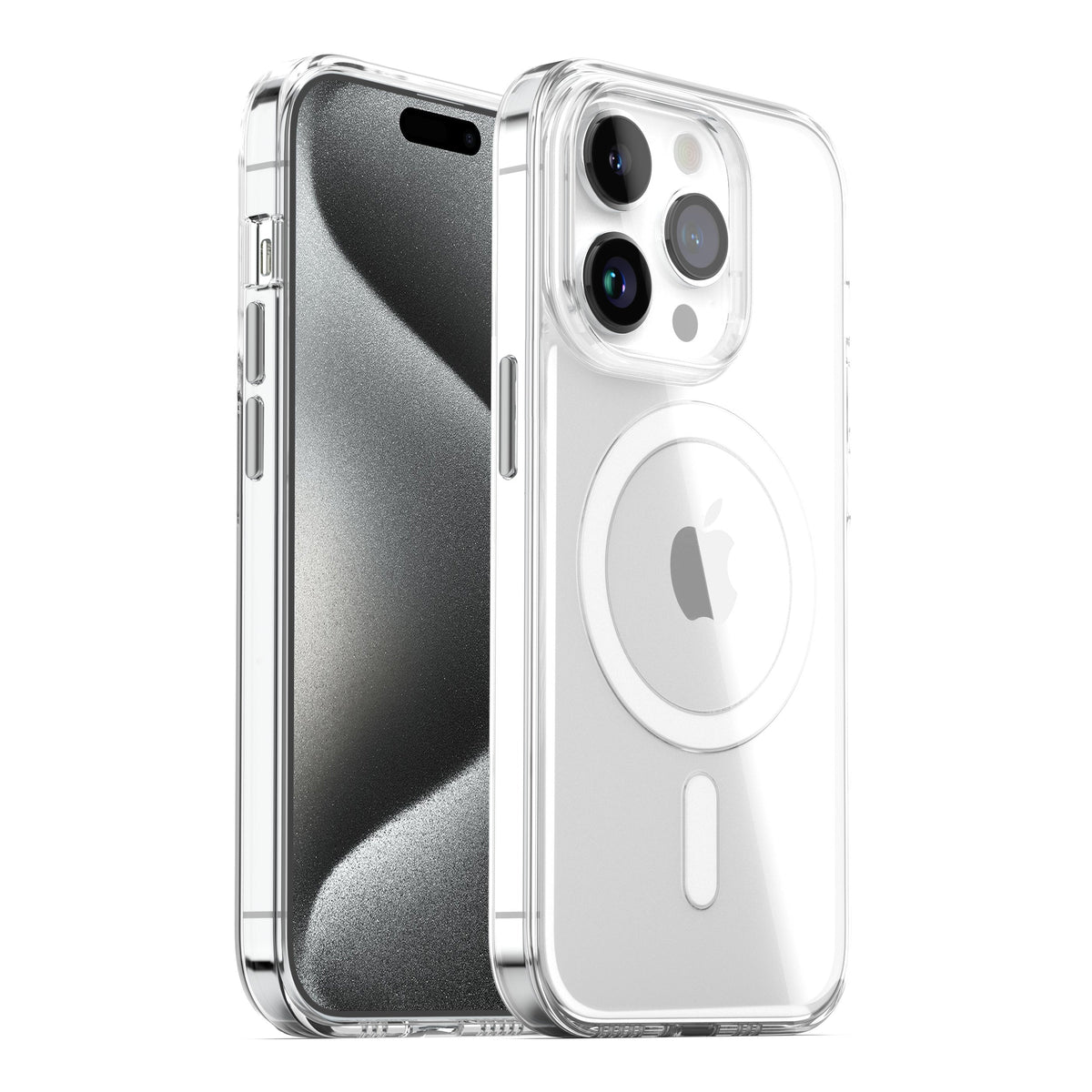 Das MR PROTECT iPhone 15 Pro Max CLEAR Case mit MagSafe von MR PROTECT zeigt das Apple-Logo und den MagSafe-Ring durch seine transparente Rückseite und hebt drei Rückkameras sowie zwei Aussparungen auf der Vorderseite hervor.