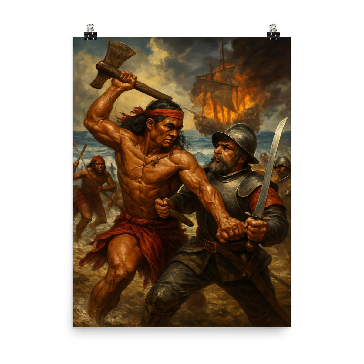 Lapu Lapu resisting Magellan scene poster on a plain backdrop in size 8"x10".