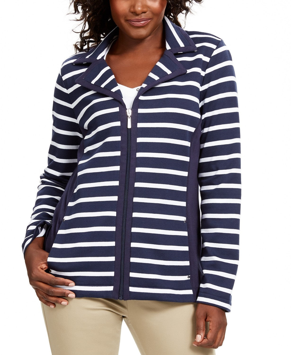 Karen Scott Women's Sport French Terry Striped Jacket Navy Size Small