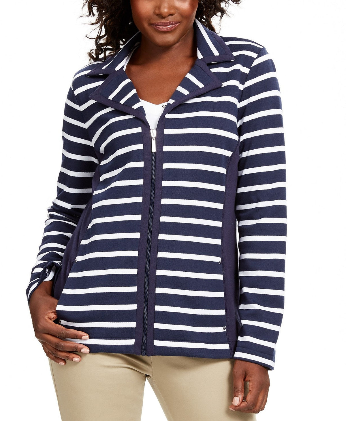 Karen Scott Women's Sport French Terry Striped Jacket Navy Size Small