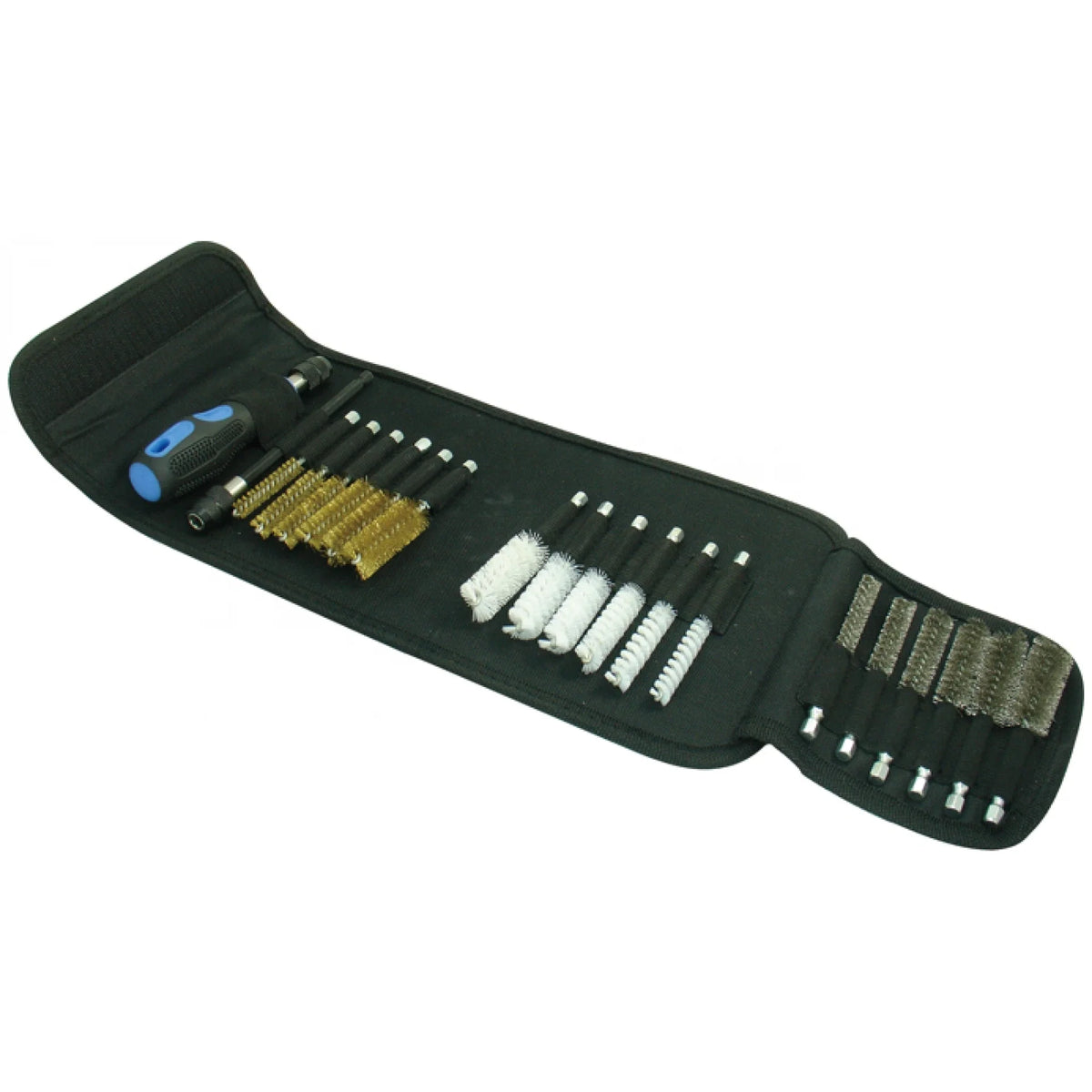 Astro Pneumatic AST-9020 20pc Wire Brush Set laid out in roll pouch showing brass, nylon, and stainless steel brushes with ergonomic handle