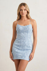 Sky Blue Sheath Spaghetti Straps Lace Short Homecoming & Cocktail Dresses - KissProm