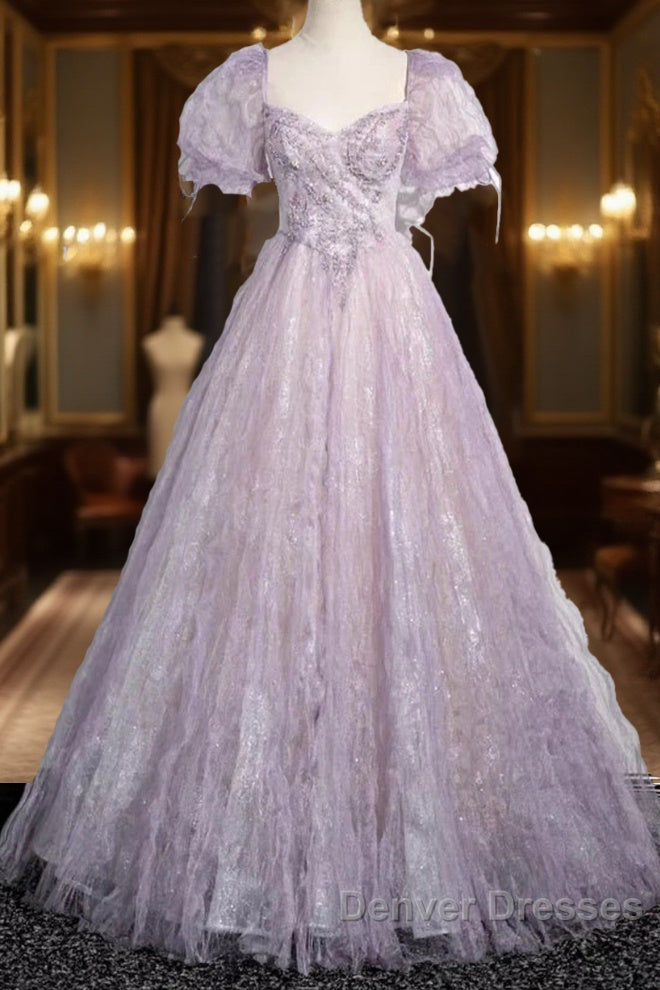 Sweet Lilac A-Line Sweetheart Tulle Beaded Long Prom Dress Puffy Sleeves Graduation Dress