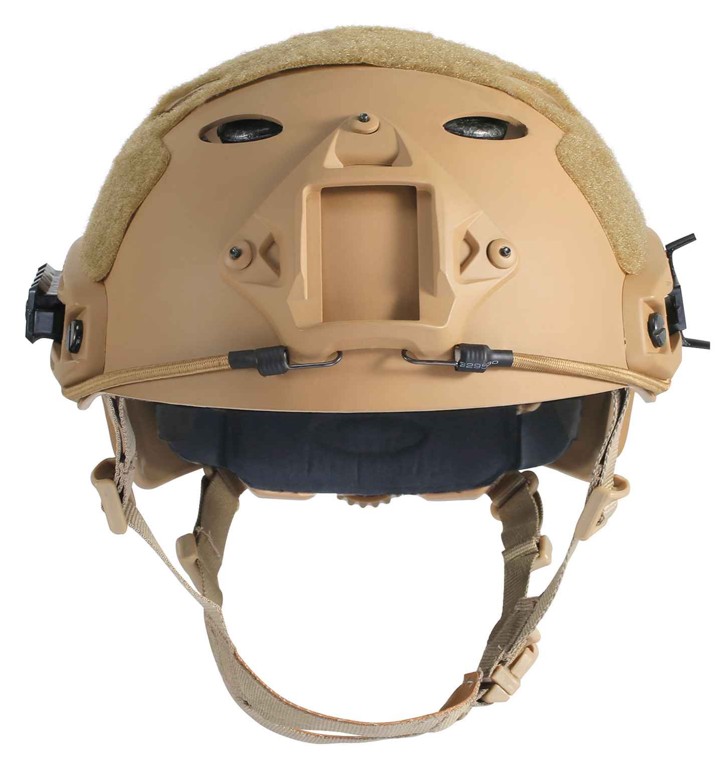 Fast PJ airsoft helmet in tan color on display stand