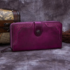 Vintage Leather Long Zipper Women Card Holder Large Capacity Purses Cowhide Leather Wallets  -  GeraldBlack.com
