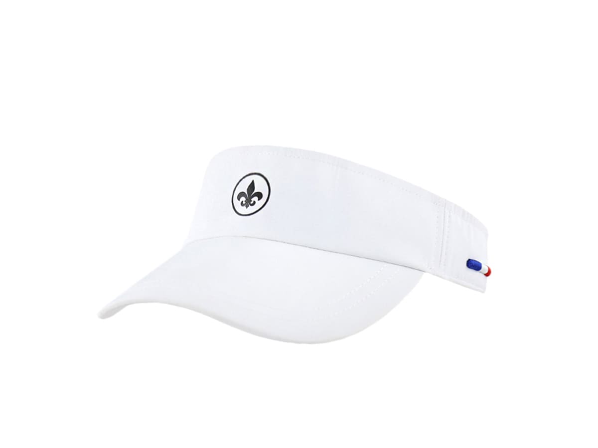 Visière nylon blanche LXH vue trois quarts avec ecusson fleur de lys noir cercle sur le bandeau et longue casquette souple